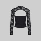 Lace cutout mock-neck top with flare sleeves detail