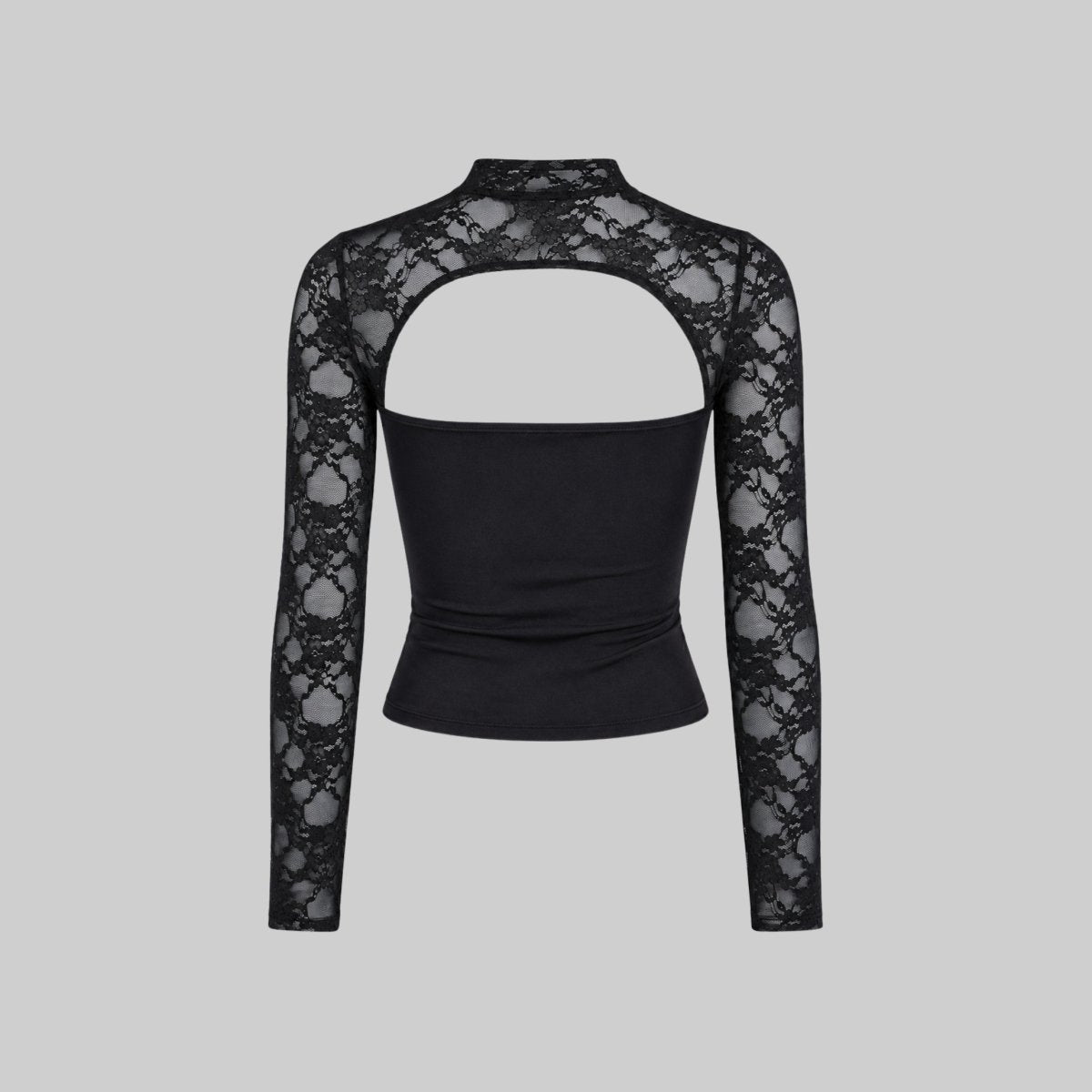 Lace cutout mock-neck top with flare sleeves detail