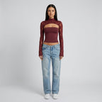 Lace cutout mock-neck top with flare sleeves detail