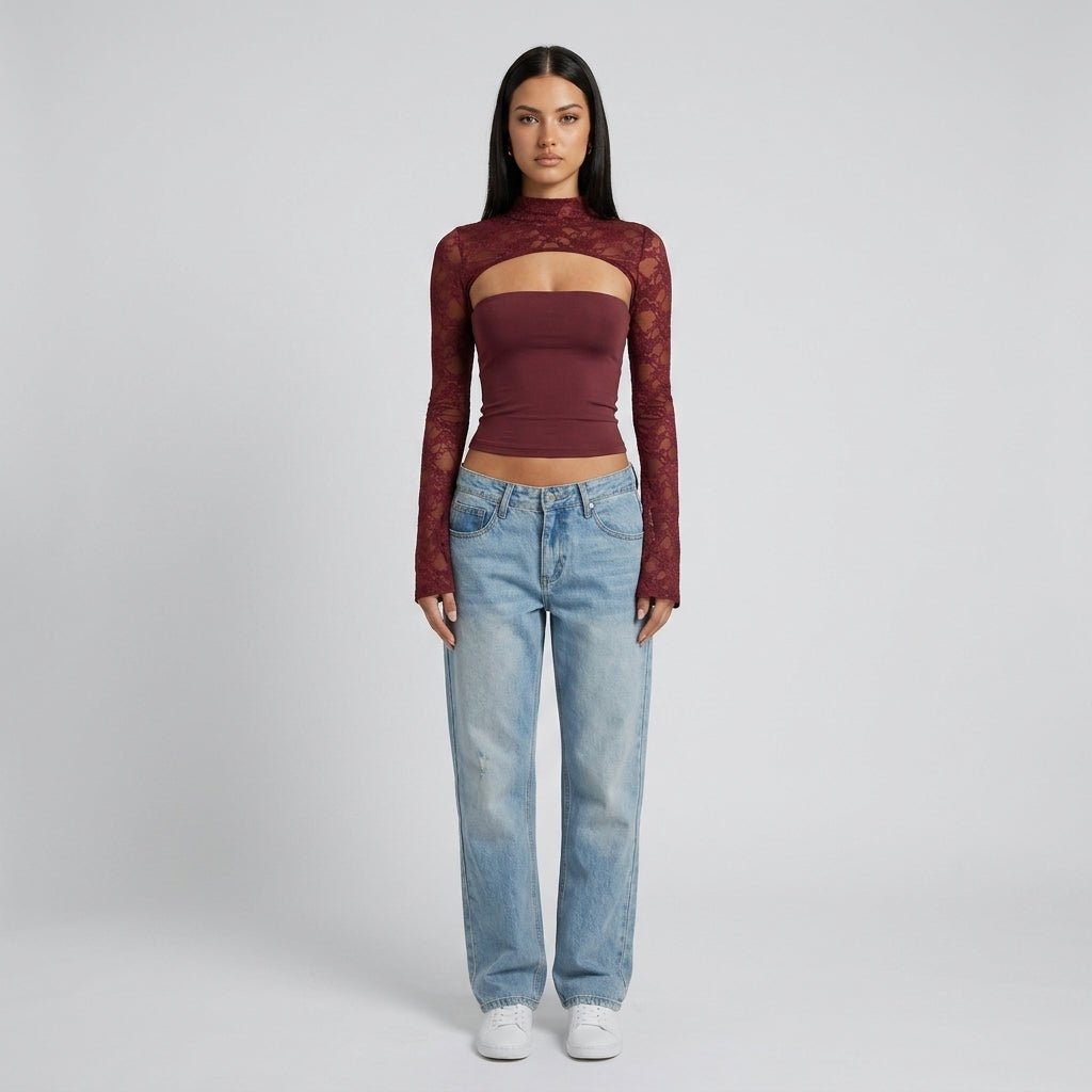 Lace cutout mock-neck top with flare sleeves detail