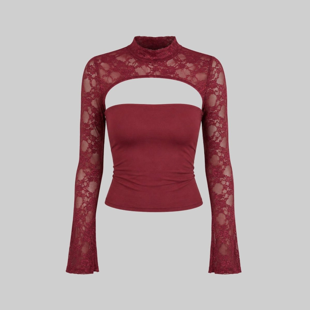 Lace cutout mock-neck top with flare sleeves detail