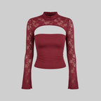 Lace cutout mock-neck top with flare sleeves detail