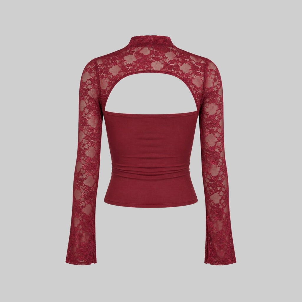 Lace cutout mock-neck top with flare sleeves detail
