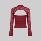 Lace cutout mock-neck top with flare sleeves detail