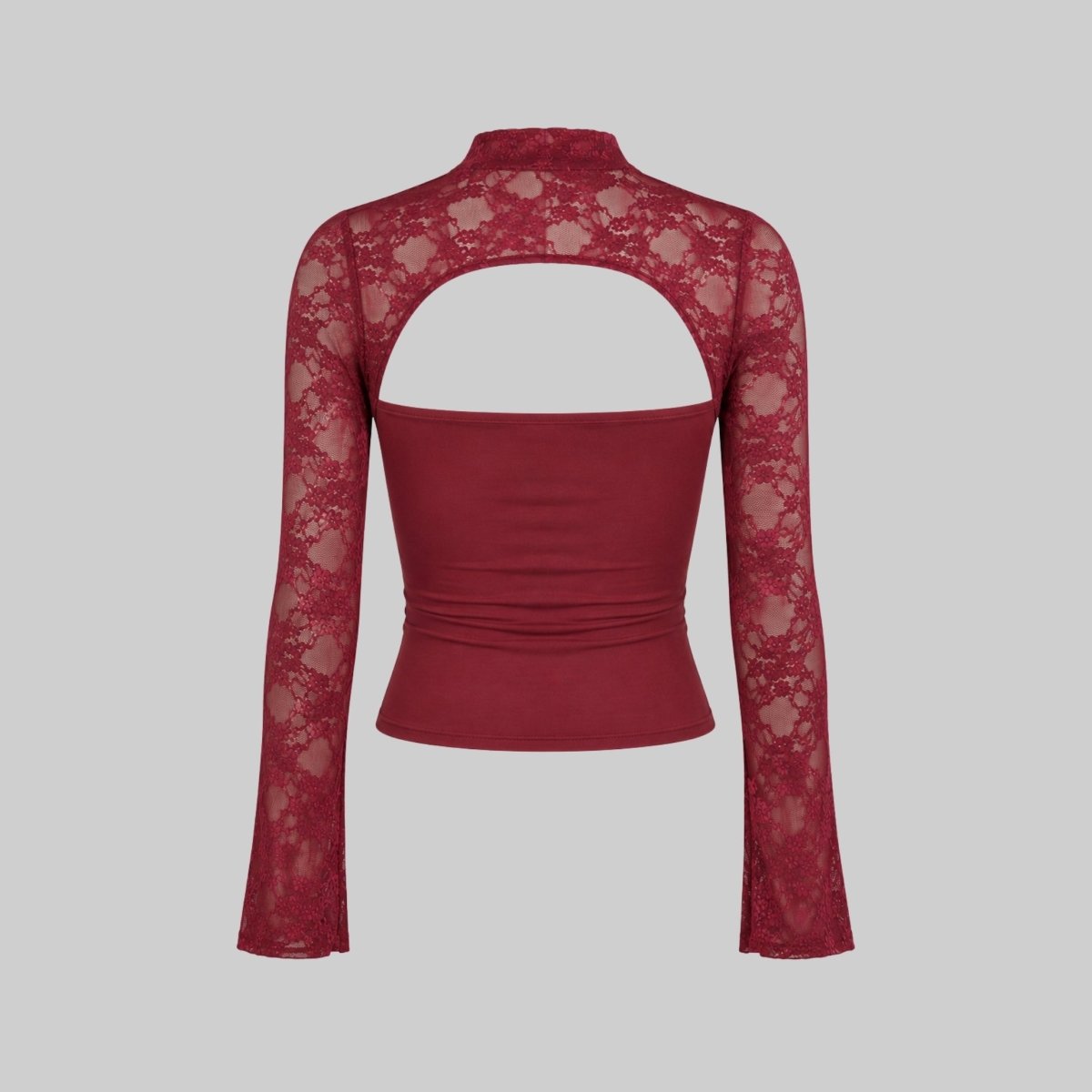Lace cutout mock-neck top with flare sleeves detail