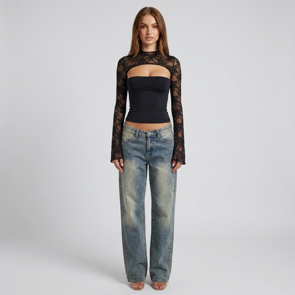 Lace cutout mock-neck top with flare sleeves detail