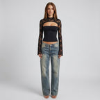 Lace cutout mock-neck top with flare sleeves detail