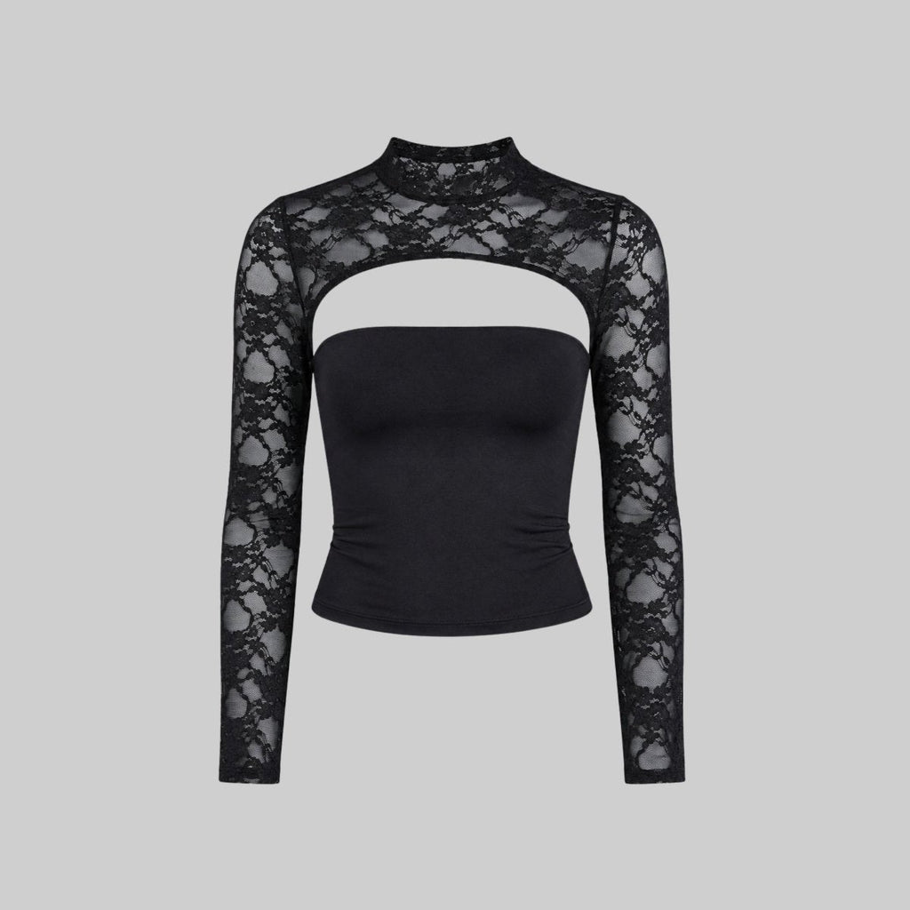 Lace cutout mock-neck top with flare sleeves detail