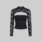 Lace cutout mock-neck top with flare sleeves detail