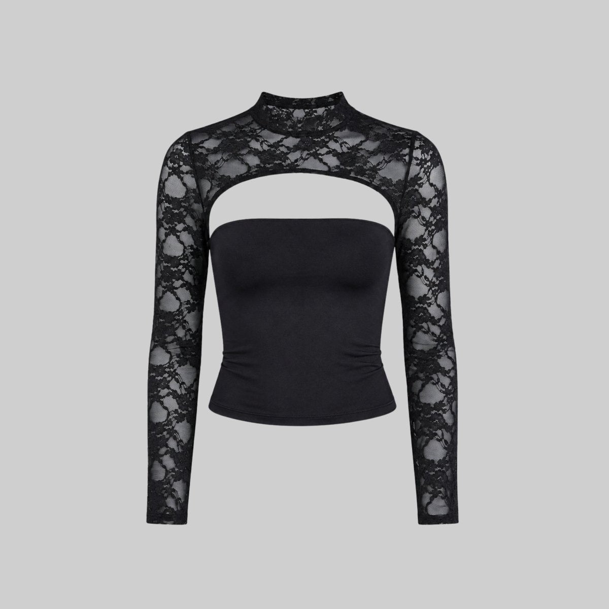 Lace cutout mock-neck top with flare sleeves detail