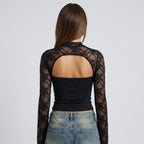 Lace cutout mock-neck top with flare sleeves in black