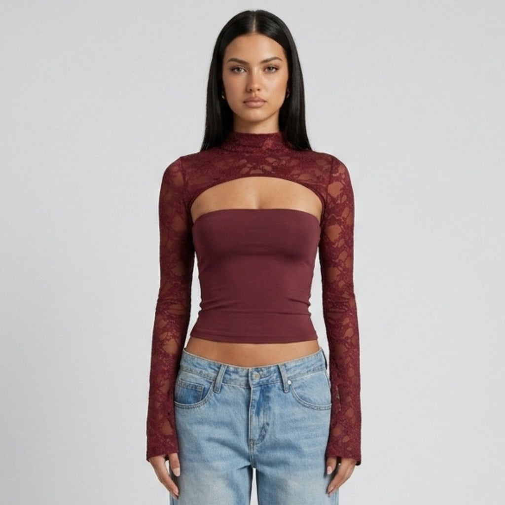 Lace cutout mock-neck top with flare sleeves in burgundy