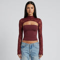 Lace cutout mock-neck top with flare sleeves in burgundy