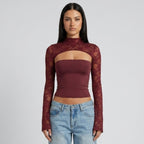 Lace cutout mock-neck top with flare sleeves in burgundy