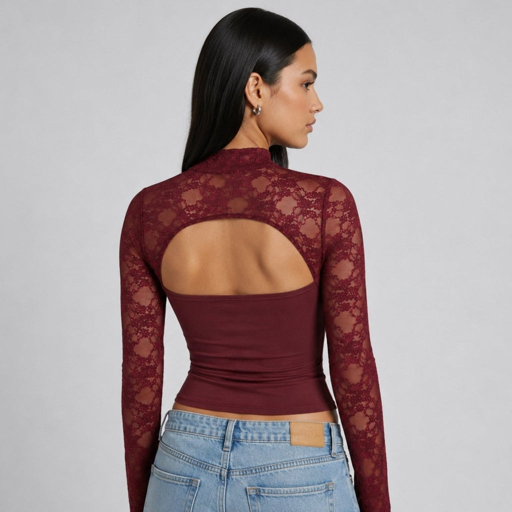 Lace cutout mock-neck top with flare sleeves in burgundy