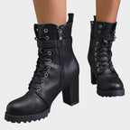 Lace-up block heel ankle boots, angled view