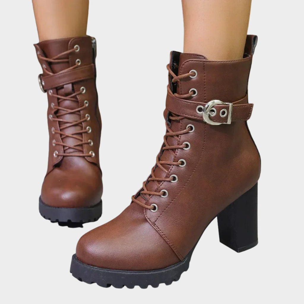 Lace-up block heel ankle boots, front view