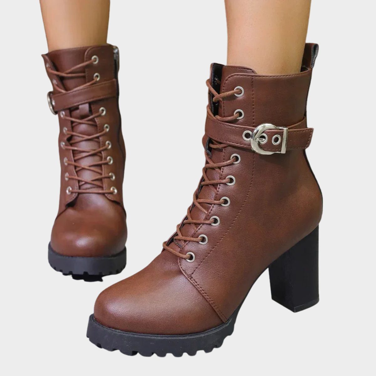 Lace-up block heel ankle boots, front view