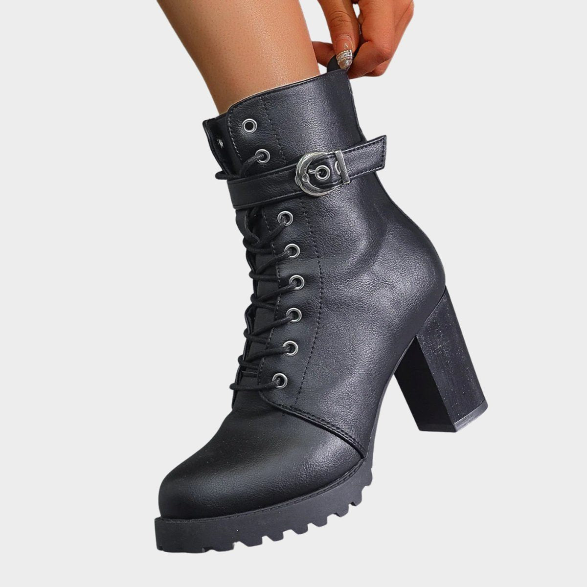 Close-up of lace-up front with metal eyelets