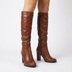 Women's leather knee-high boots with block heel and side zip