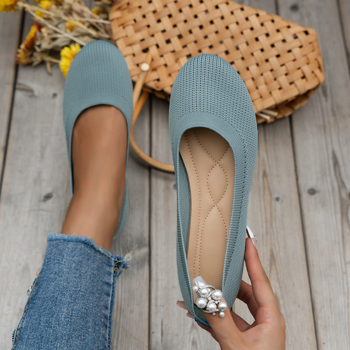 Light blue knit slip-on ballet flats