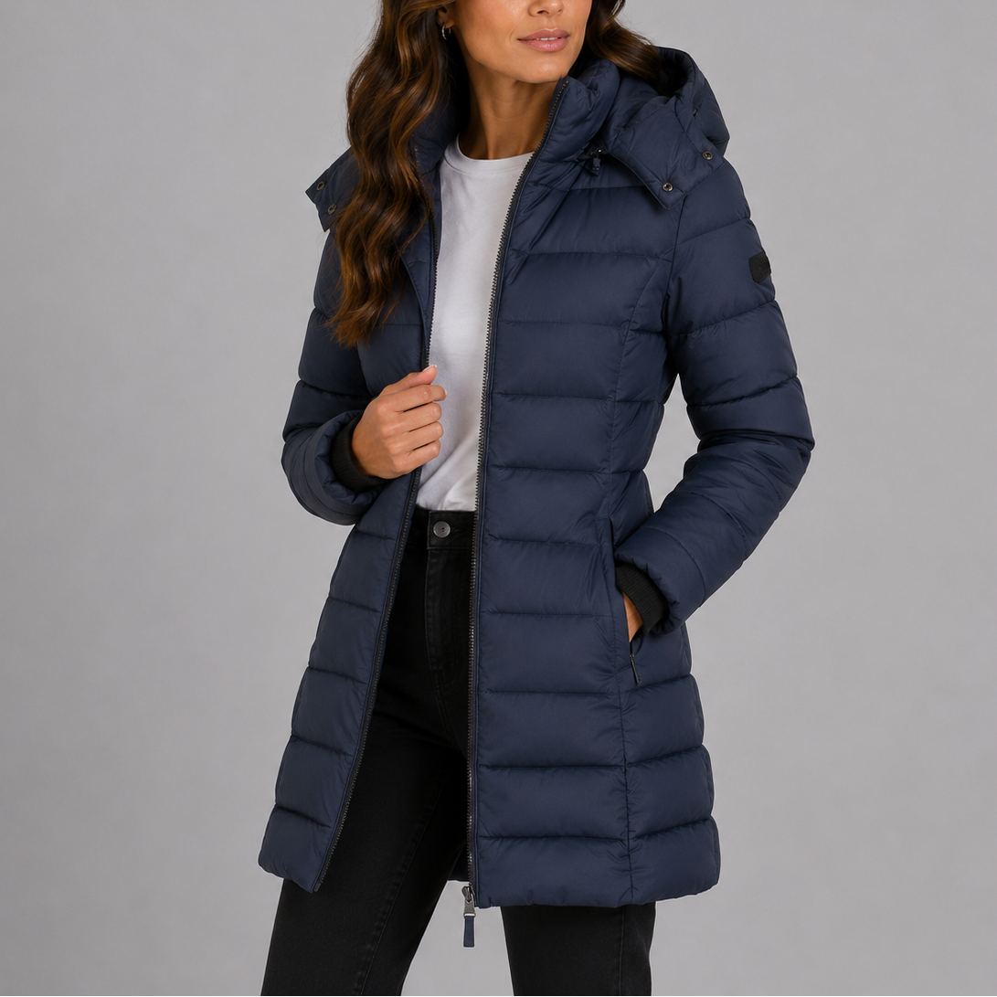 Front view of an insulated hooded puffer coat