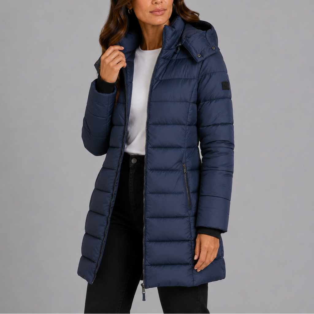 Woman wearing a long hooded puffer coat with full front zip