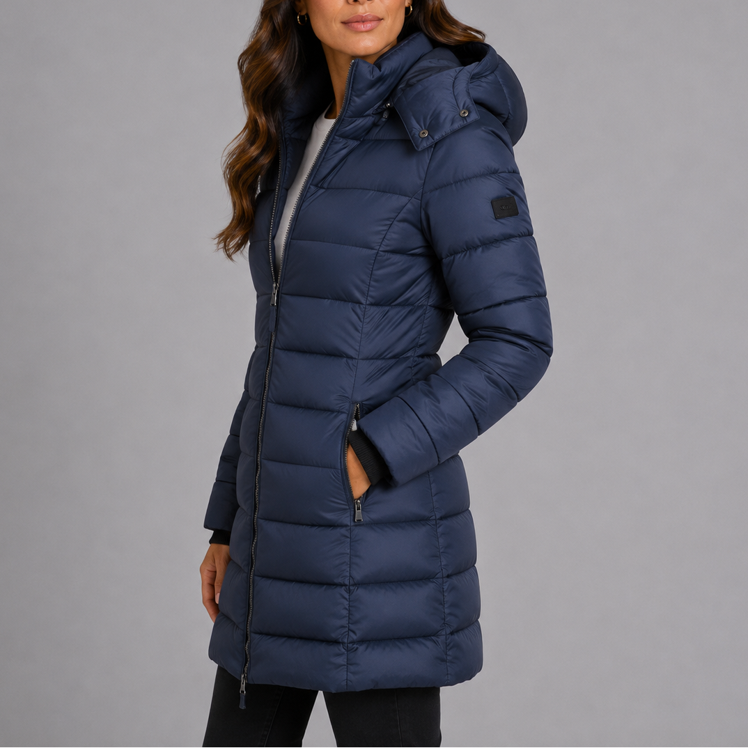 Longline hooded puffer coat shown on a model