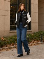 Bomber jacket with contrast sleeves styled