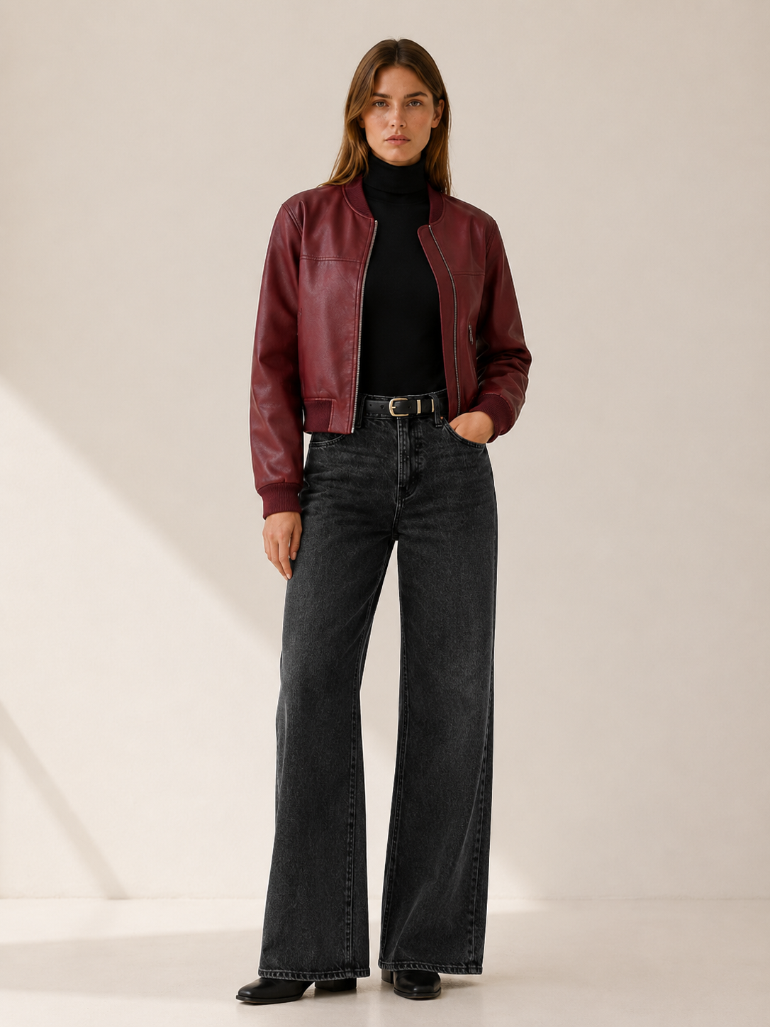Cropped Jacket with Zip Front and Collarless Neckline in Red