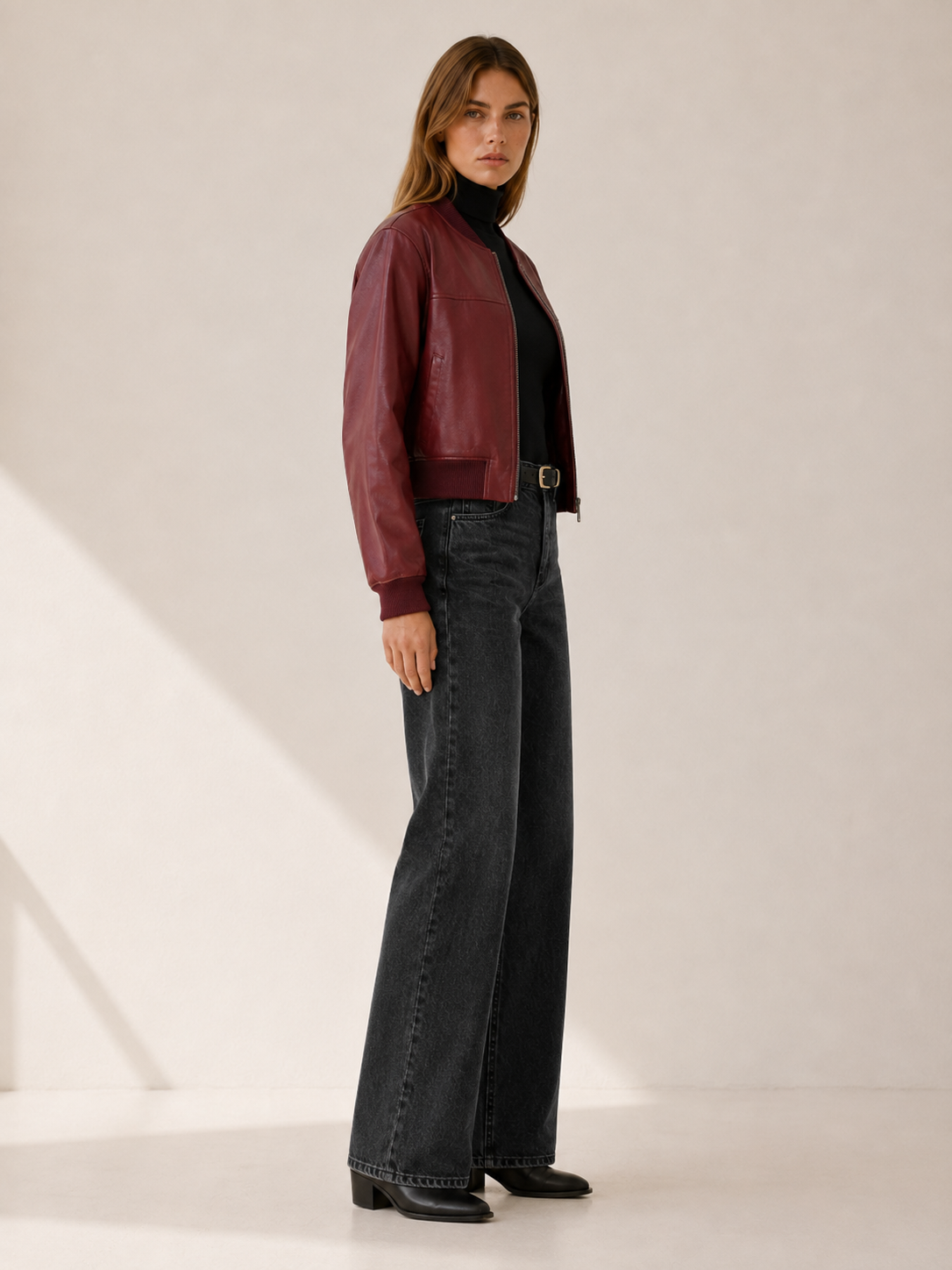 Cropped Jacket with Zip Front and Collarless Neckline side view