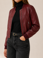 Cropped Jacket with Zip Front and Collarless Neckline back view