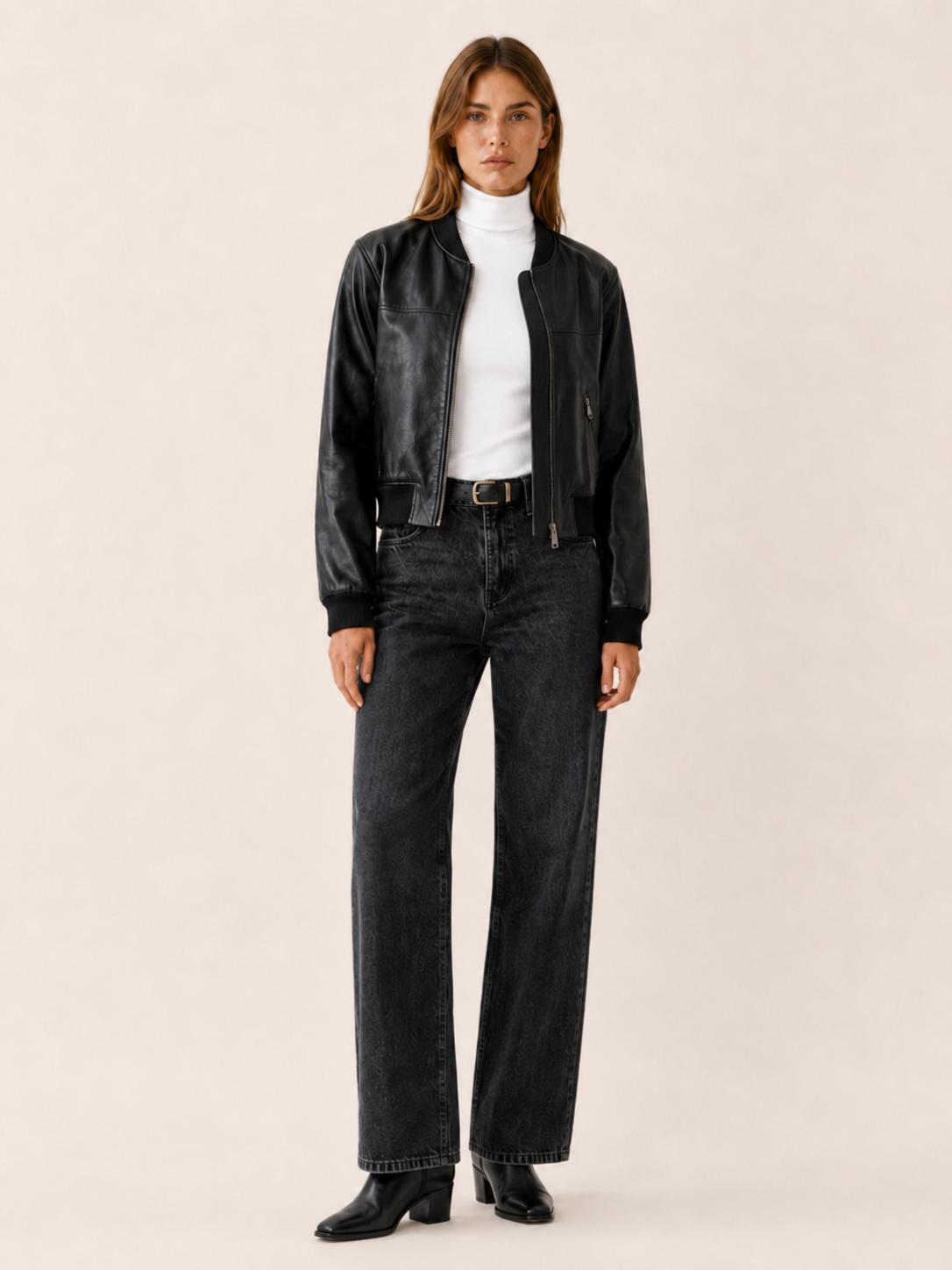 Cropped Jacket with Zip Front and Collarless Neckline in Black