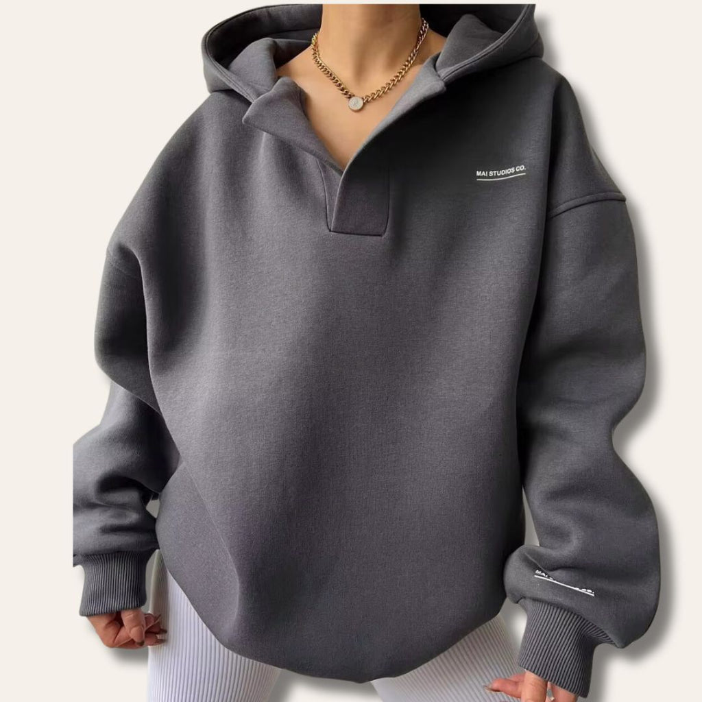 Women's Oversized Pullover Hoodie, Open V-Neckline – view 2