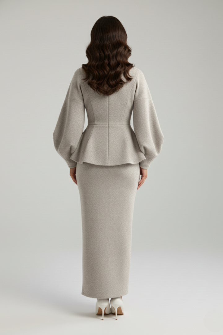 Maxi skirt of the suit set showing elongated proportions