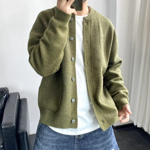 Men's button-up knit cardigan with round neckline and patch pockets, front view