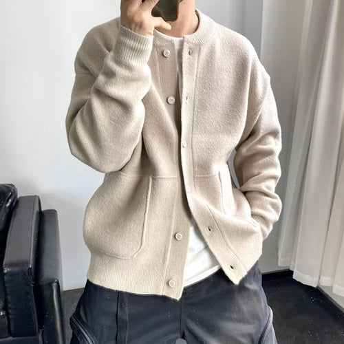 Men's knit cardigan shown in an alternative colourway with front patch pockets