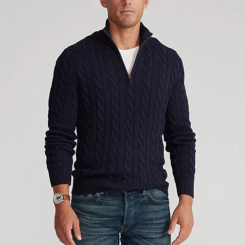 Close-up of the cable-knit texture and half-zip stand collar