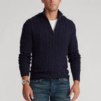 Close-up of the cable-knit texture and half-zip stand collar