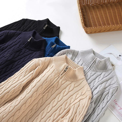 Men's cotton cable-knit half-zip sweater ribbed hem detail
