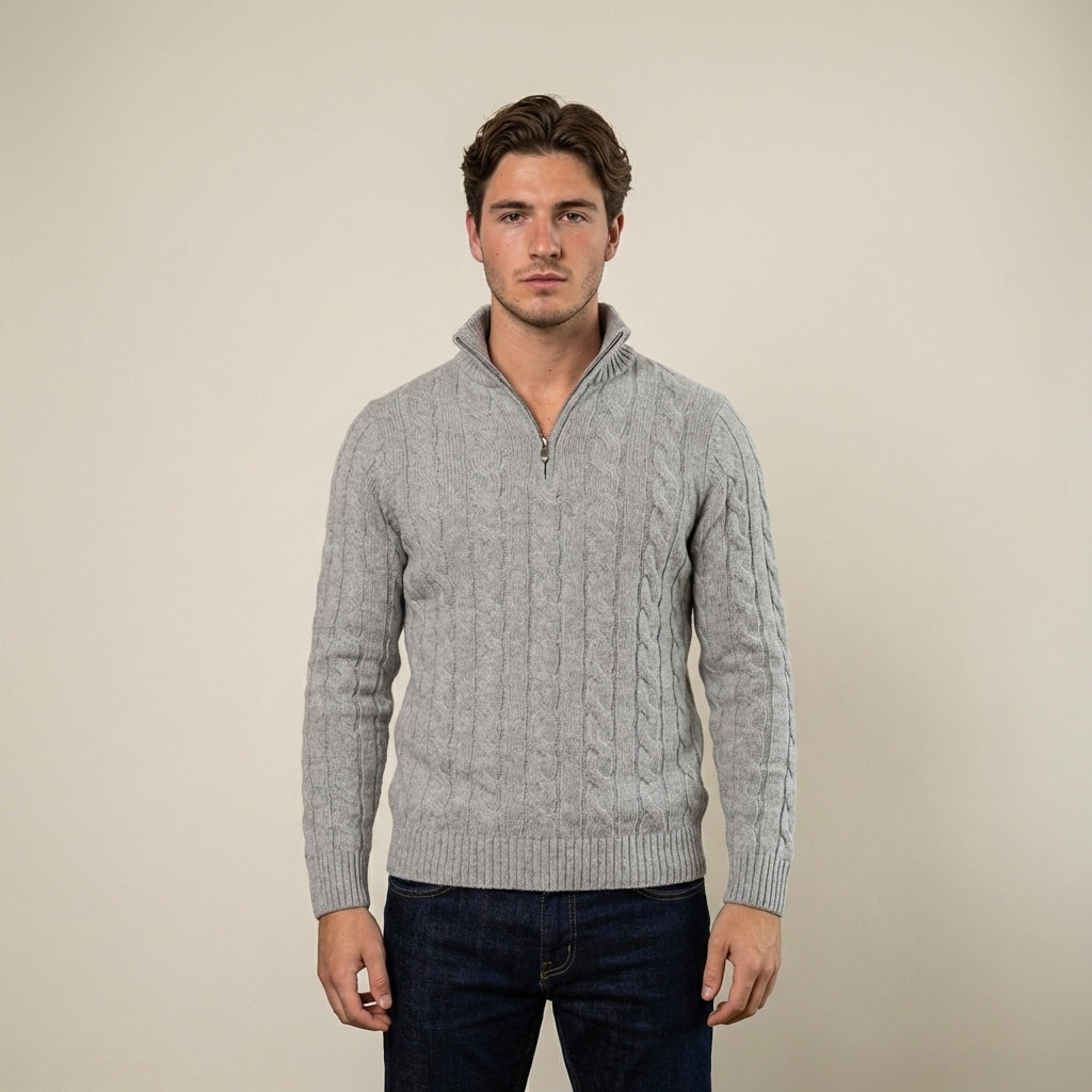 Men's cotton cable-knit half-zip sweater shown on a model