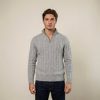Men's cotton cable-knit half-zip sweater shown on a model