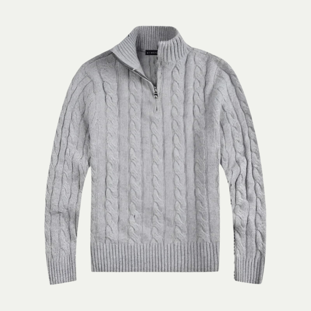 Men's cotton cable-knit half-zip sweater, side view