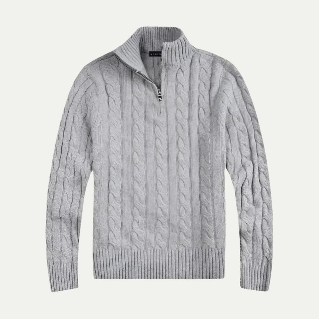 Men's cotton cable-knit half-zip sweater, side view