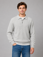 Men's collared rib-knit polo sweater with three-button placket, front view on model