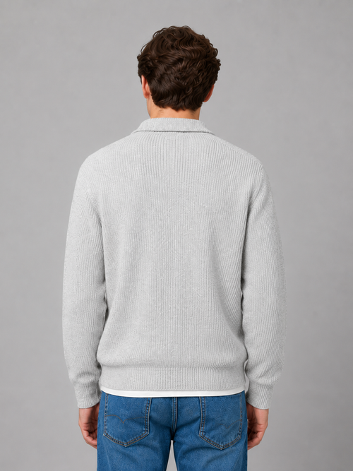 Men's rib-knit polo sweater showing the polo collar and button placket detail
