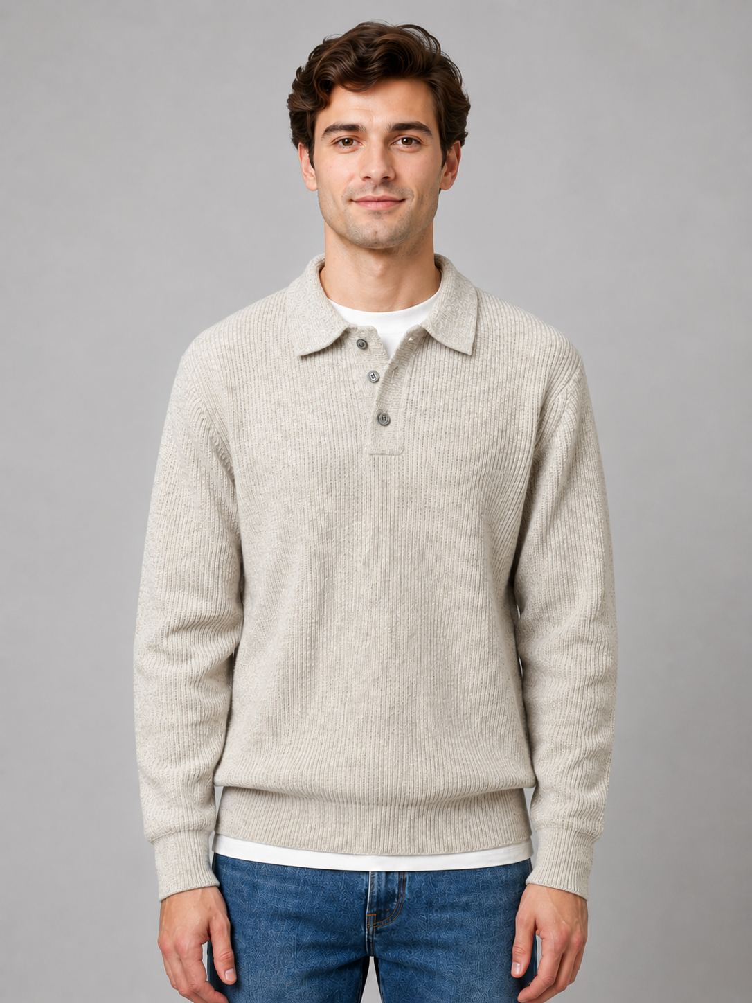 Men's lightweight rib-knit polo sweater in a relaxed fit shown on model
