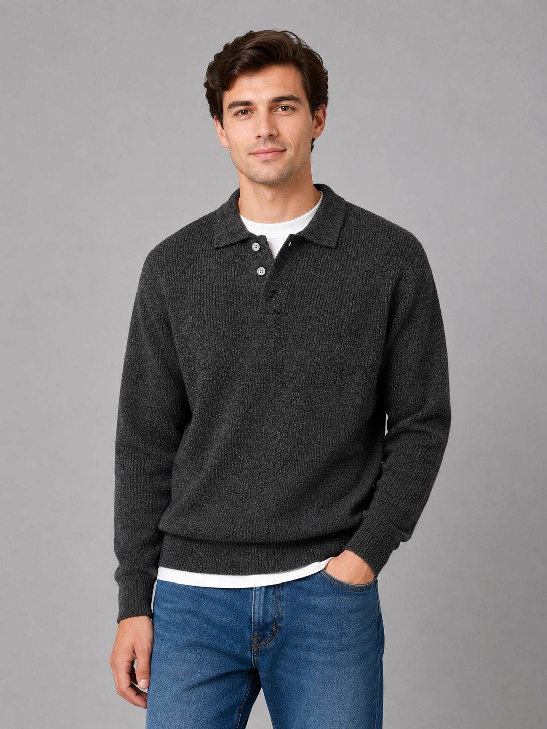 Men's collared knit sweater showing all-over vertical rib texture