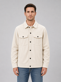 Men's corduroy overshirt jacket with full button front, front view on model