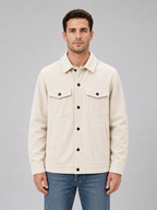 Men's corduroy overshirt jacket with full button front, front view on model
